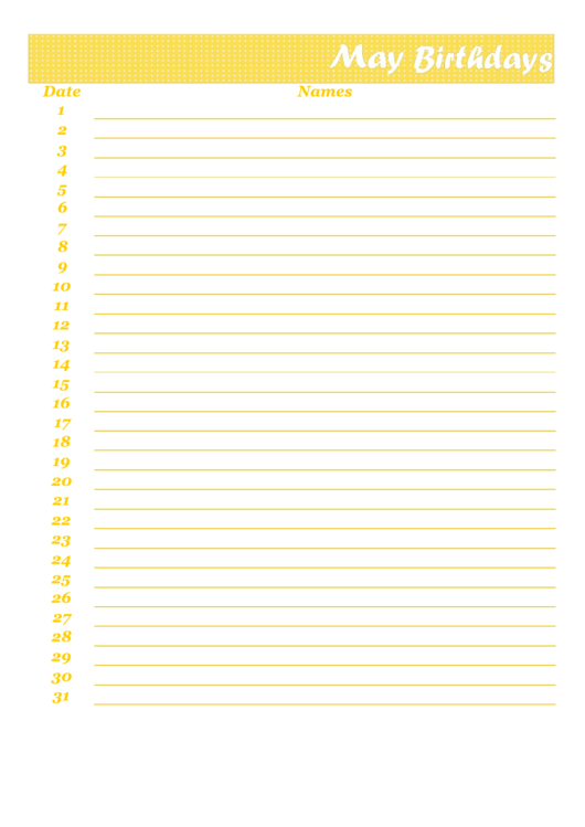 May Birthday Calendar Template Printable pdf