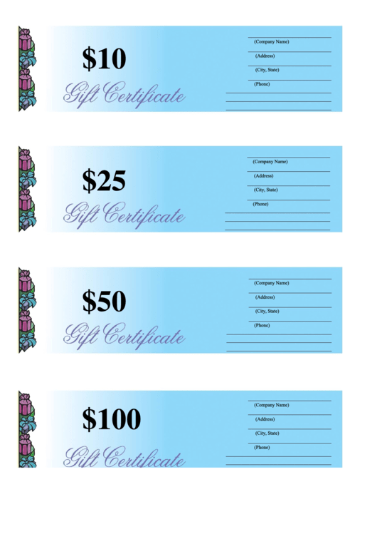 10, 25, 50 & 100 Dollar Gift Certificate Template - Blue Printable pdf