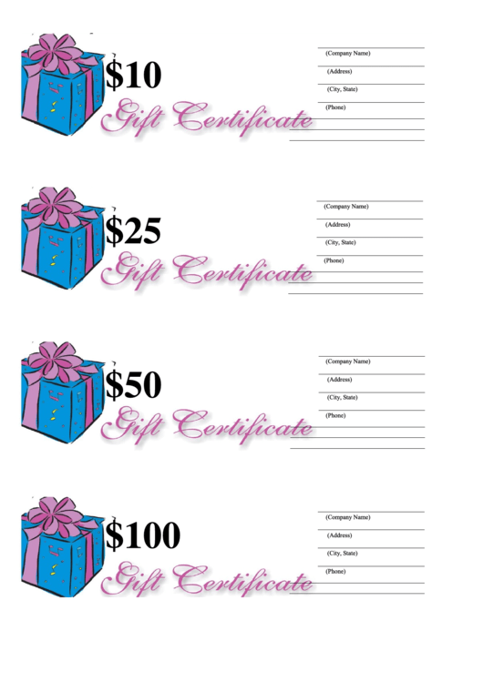 10, 25, 50 & 100 Dollar Gift Certificate Template - Lilac And Blue Printable pdf