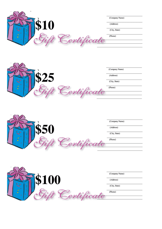10 25 50 100 Dollar Gift Certificate Template Lilac And Blue 