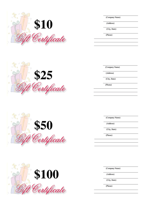 10, 25, 50 & 100 Dollar Gift Certificate Template - Gift Box Printable pdf