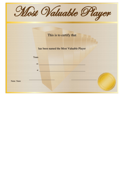 Most Valuable Player Certificate Template - Tan And Gold Printable pdf