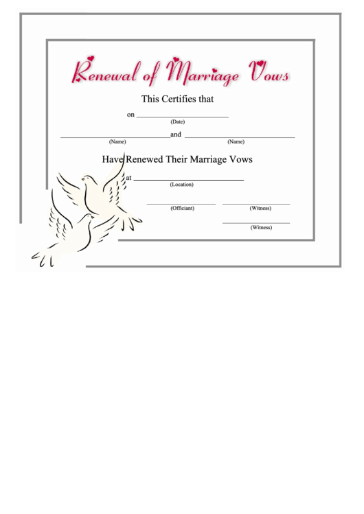 Renewal Of Marriage Vows Certificate Template - White Doves Printable pdf