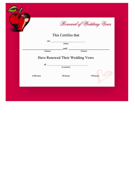 Wedding Vow Renewal Certificate Template - Red Apple Printable pdf