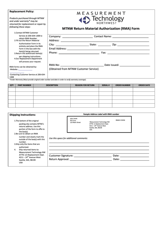 Return Material Authorization (Rma) Form Printable pdf