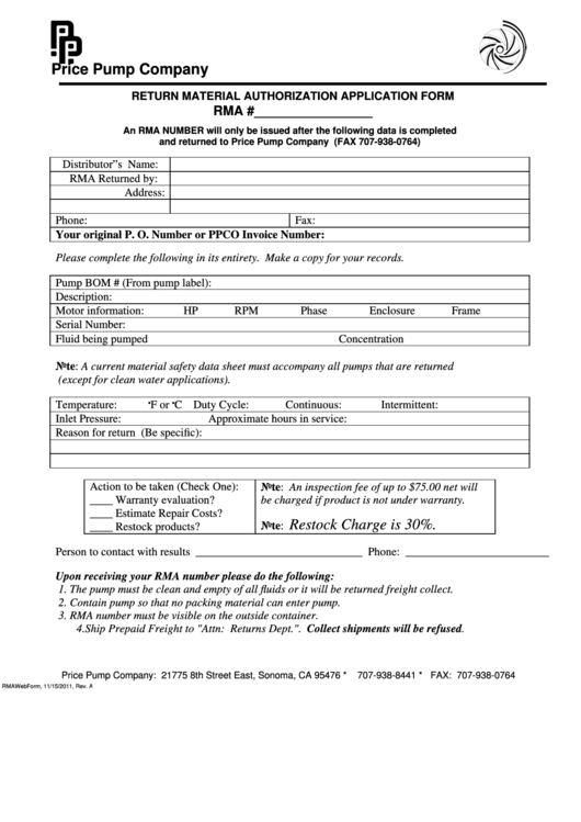 Return Material Authorization Application Form Printable pdf