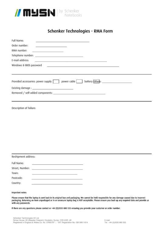 Schenker Technologies - Rma Form Printable pdf
