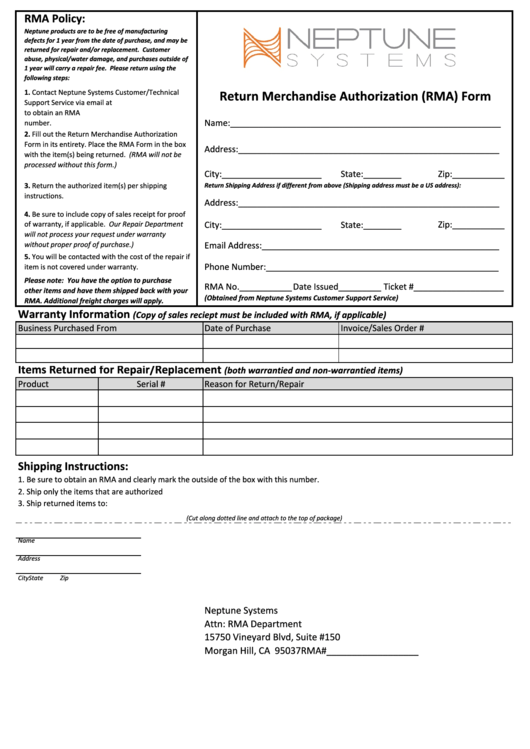 Return Merchandise Authorization (Rma) Form printable pdf download