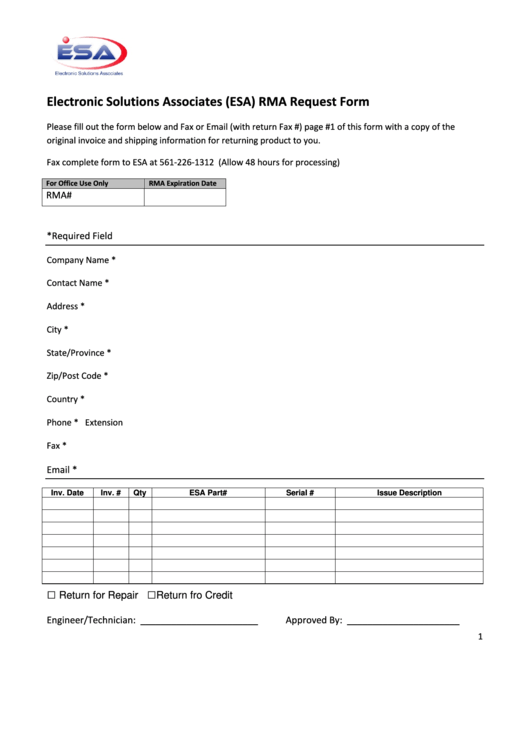 Electronic Solutions Associates (Esa) Rma Request Form Printable pdf