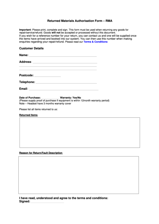 Returned Materials Authorisation Form - Rma Printable pdf