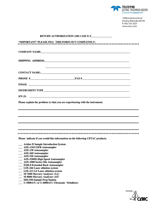 Return Authorization Form Printable pdf