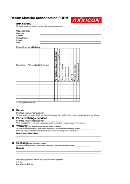 Return Material Authorisation Form Printable pdf