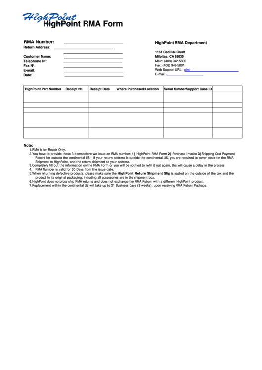 Highpoint Rma Form Printable pdf
