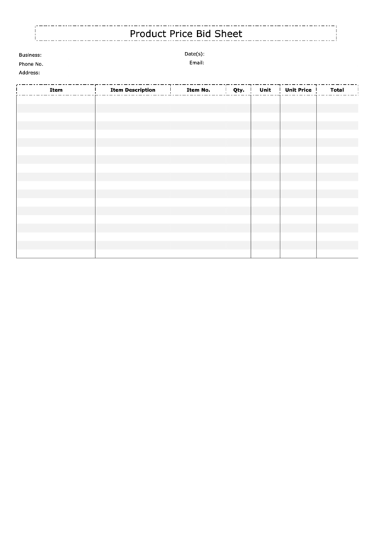 Product Price Bid Sheet Printable pdf