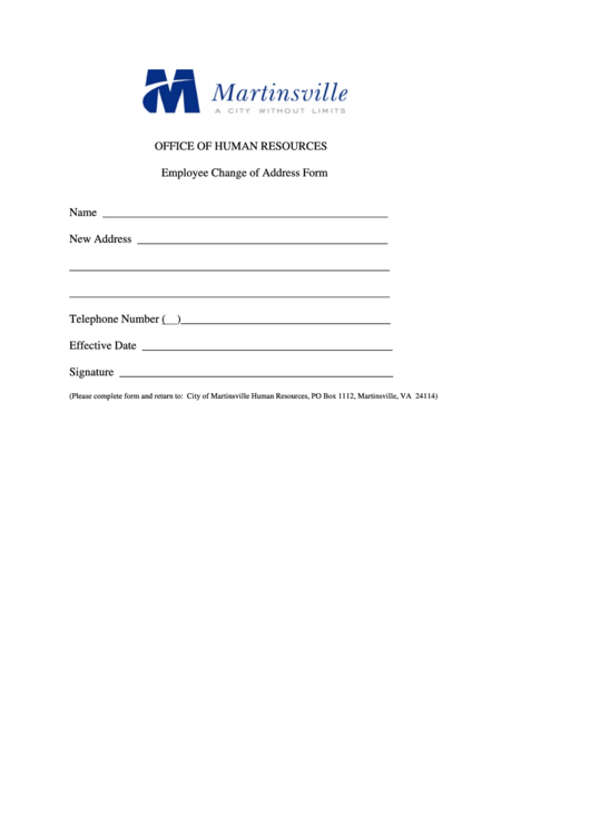 Martinsville Employee Change Of Address Form Printable pdf
