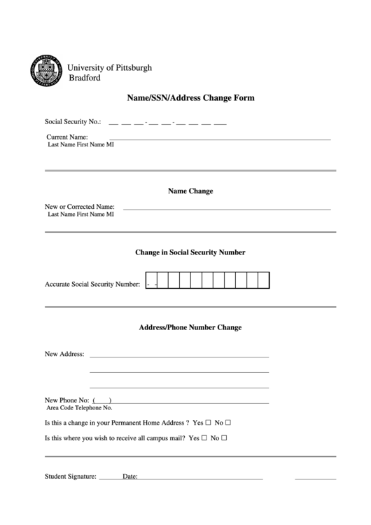 University Of Pittsburgh Name/ssn/address Change Form Printable pdf