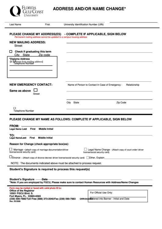 Florida Gulfcoast University Address And/or Name Change printable pdf ...