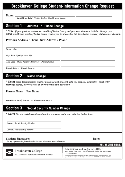 Brookhaven College Student-Information Change Request Printable pdf