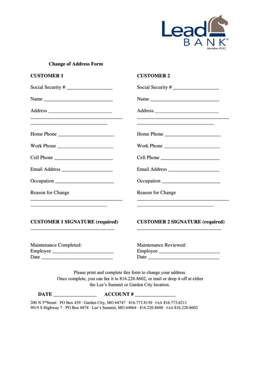Lead Bank Change Of Address Form Printable pdf