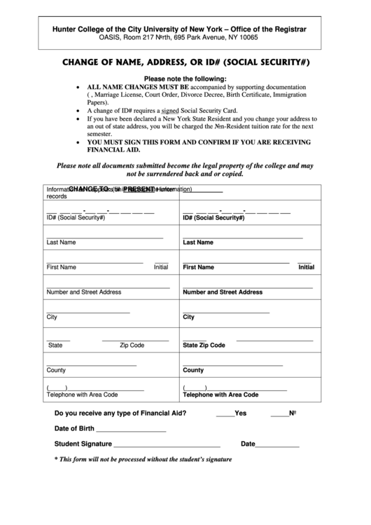 University Of New York Change Of Name, Address, Or Id# (Social Security#) Printable pdf