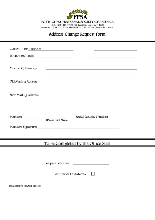 Fillable Pfsa Address Change Request Form Printable pdf