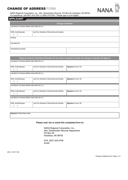 Nana Change Of Address Form Printable pdf