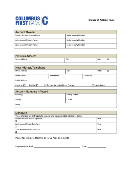 Columbus First Bank Change Of Address Form Printable pdf