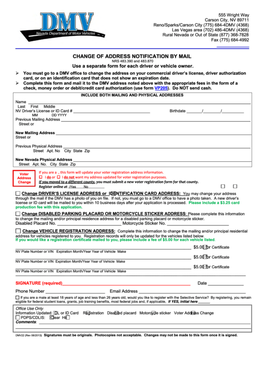 Fillable Form Dmv22 (Rev 08/2013) - Change Of Address Notification By Mail Form Printable pdf