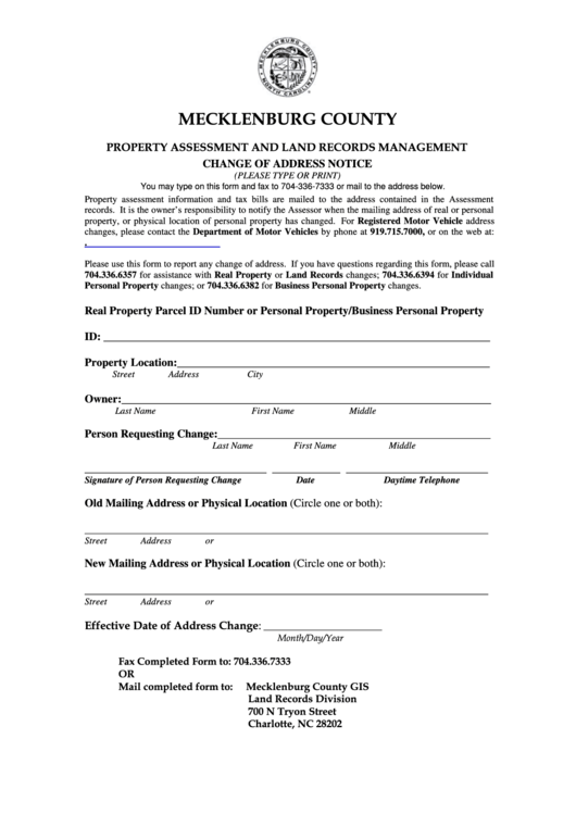 Fillable Mecklenburg County Change Of Address Notice Printable pdf