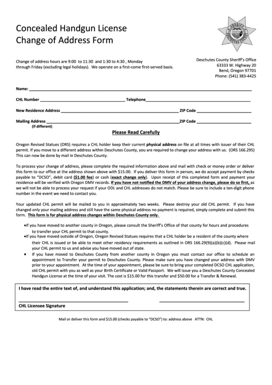 Concealed Handgun License Change Of Address Form Printable pdf