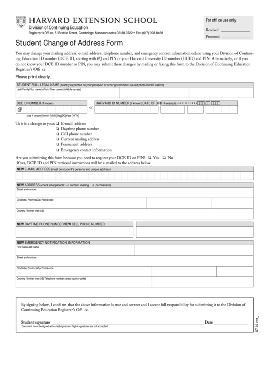 Fillable Harvard Extension School Student Change Of Address Form Printable pdf