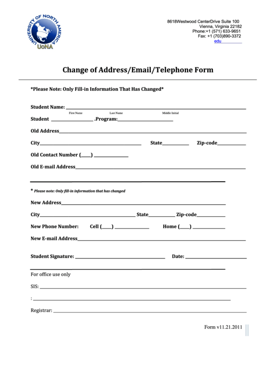 Fillable University Of North America Change Of Address/email/telephone Form Printable pdf