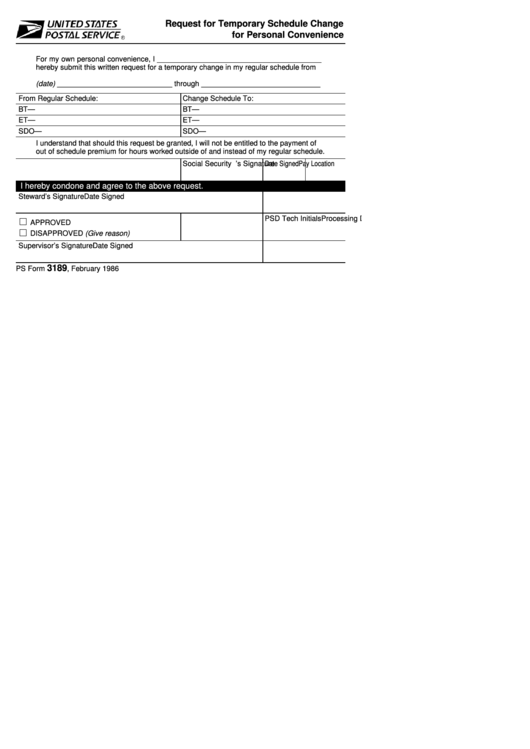 Fillable Ps Form 3189 - Request For Temporary Schedule Change For Personal Convenience Printable pdf