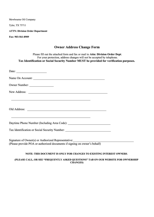 Owner Address Change Form Printable pdf
