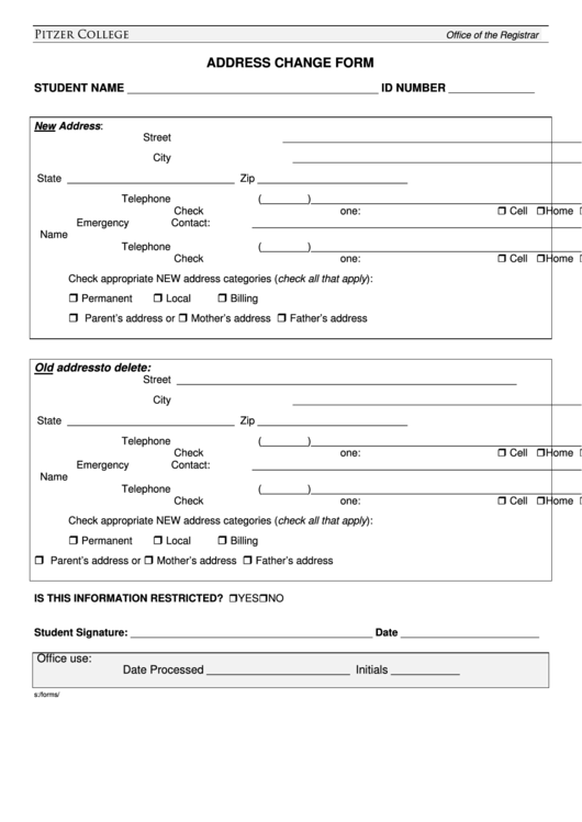 Pitzer College Address Change Form Printable pdf