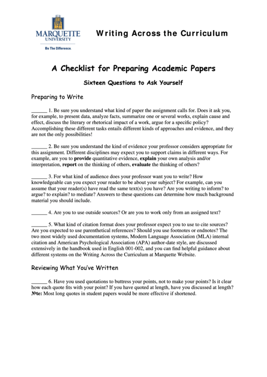Checklist For Preparing Academic Papers
