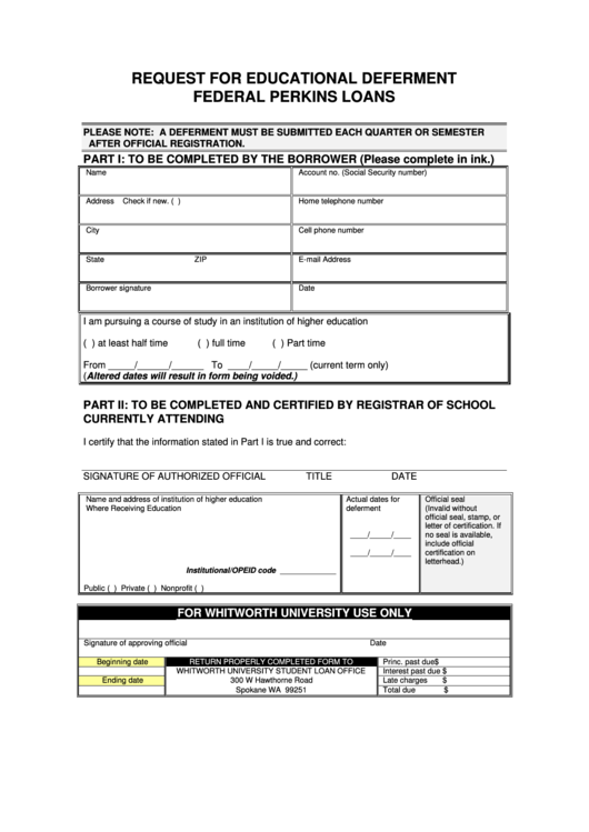 Request For Educational Deferment Federal Perkins Loans Printable pdf