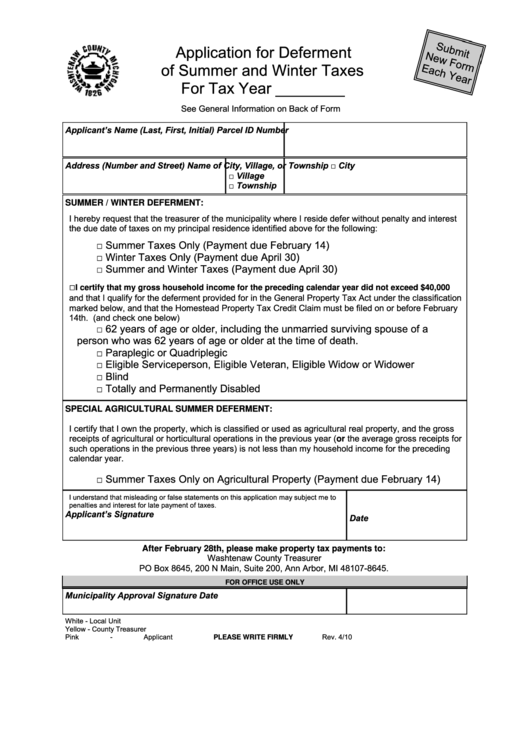 Fillable Application For Deferment Of Summer And Winter Taxes For Tax Year Printable pdf