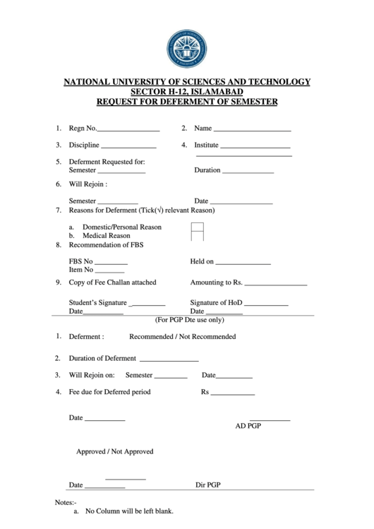 National University Of Sciences And Technology Request For Deferment Of Semester Printable pdf