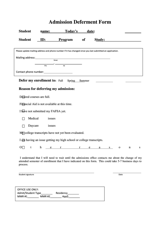 Admission Deferment Form Printable pdf