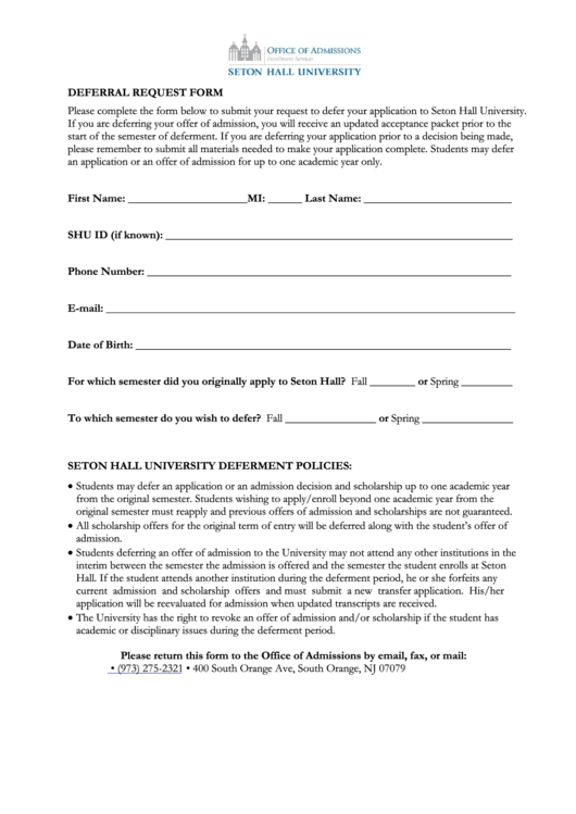 Seton Hall University Deferral Request Form Printable pdf