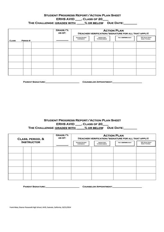 Student Progress Report/action Plan Sheet
