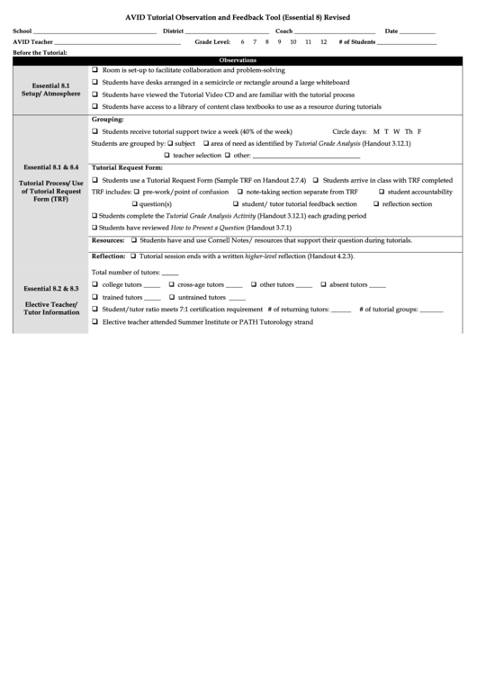 Avid Tutorial Observation And Feedback Tool (Essential 8) Revised Printable pdf