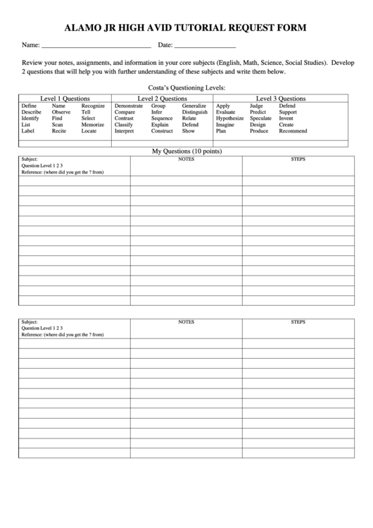 Alamo Jr High Avid Tutorial Request Form Printable pdf