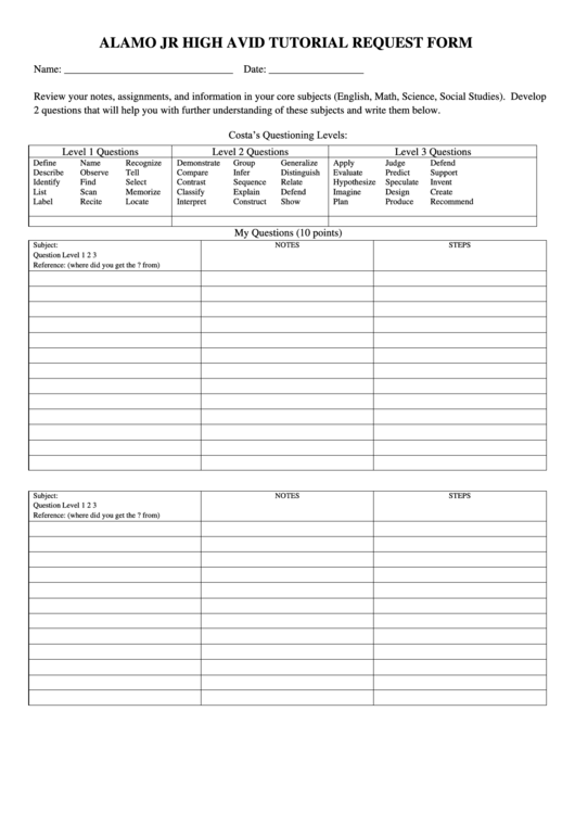 Alamo Jr High Avid Tutorial Request Form Printable Pdf Download