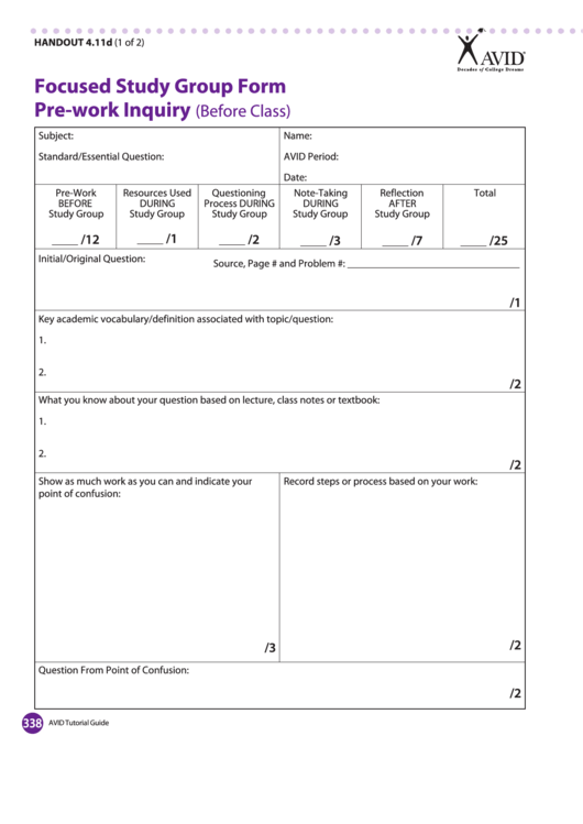 Focused Study Group Form Pre-Work Inquiry Printable pdf