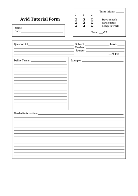 Avid Tutorial Form Printable pdf
