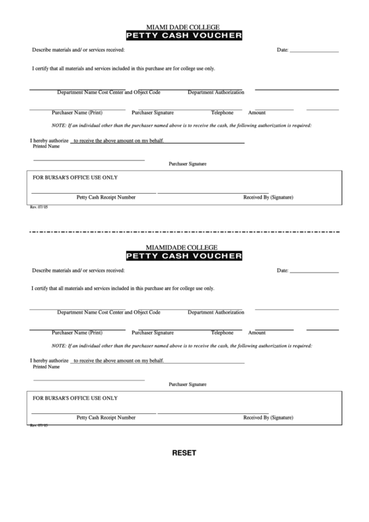 Fillable Miami Dade College Petty Cash Voucher Printable pdf