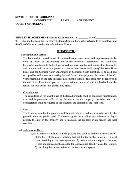 County Of Pickens, City Of Clemson Commercial Lease Agreement Printable pdf