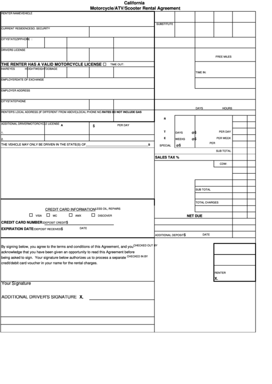 California Motorcycle/atv/scooter Rental Agreement Form Printable pdf